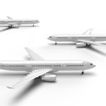 A comparison of three commercial aircraft of varying sizes: a small regional jet, a medium-sized single-aisle jet, and a large wide-body jet.