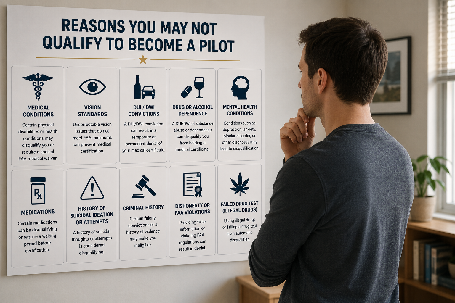 Image of medical, legal, and background factors that will disqualify you from being a pilot.